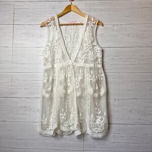 Parami Design Kimono Womens Size Large White Floral Sheer Cardigan Coverup Vest